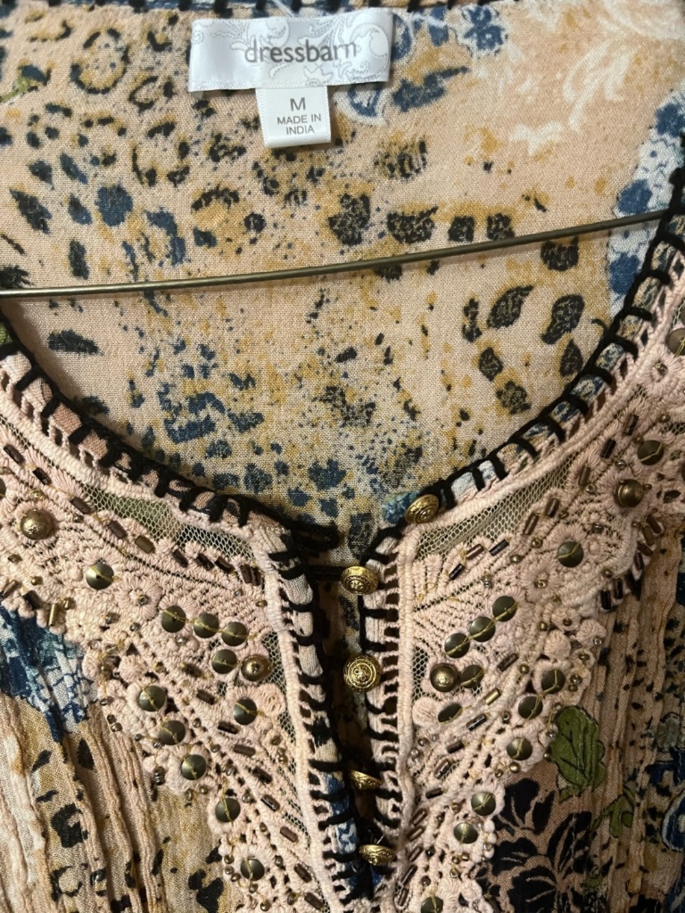 Dressbarn Boho Patchwork Blouse Size M Embellished Lace Trim Floral Animal Print - Picture 3 of 4